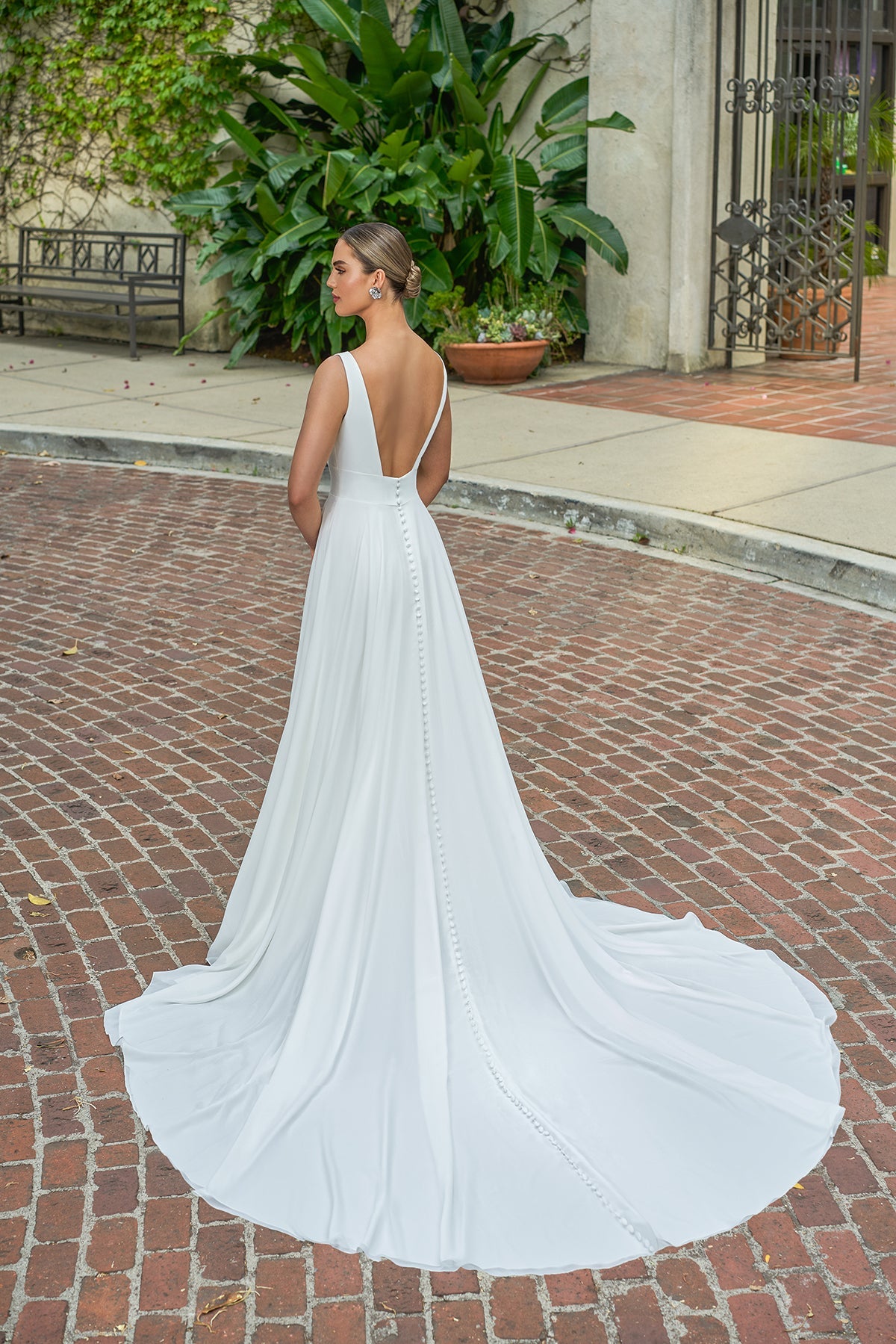Minimalist Chiffon A-Line Bateau-Neck Sleeveless Low-Back Button-Detail Train Wedding Dress by YiHuiw
