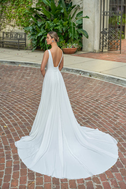 Minimalist Chiffon A-Line Bateau-Neck Sleeveless Low-Back Button-Detail Train Wedding Dress by YiHuiw