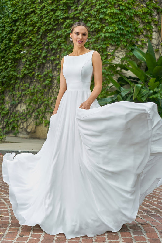Minimalist Chiffon A-Line Bateau-Neck Sleeveless Low-Back Button-Detail Train Wedding Dress by YiHuiw