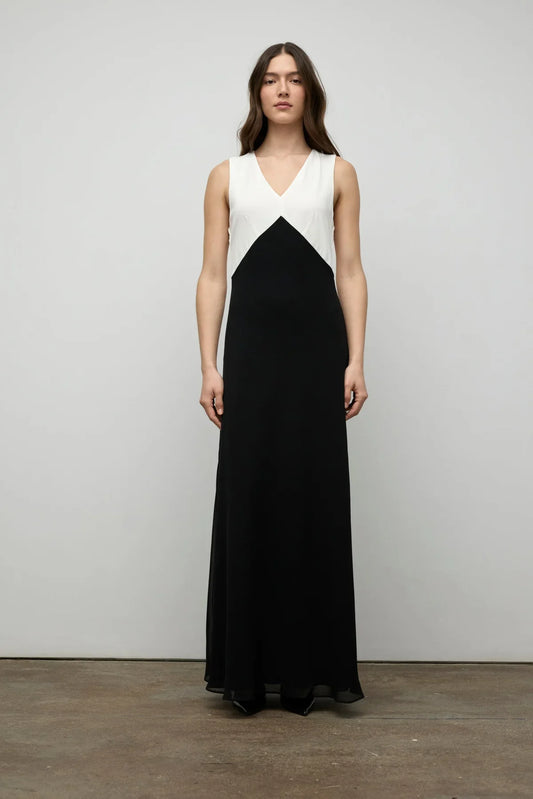 Minimalist Chiffon A-Line V Neck Color Block Crisscross Back Formal Evening Dress