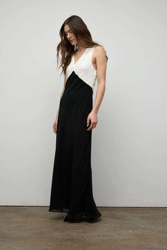 Minimalist Chiffon A-Line V Neck Color Block Crisscross Back Formal Evening Dress