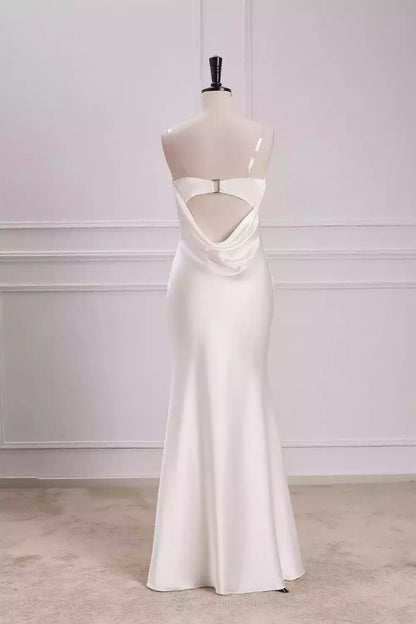Minimalist Ivory Satin Strapless Mermaid Wedding Dress with Cowl Back