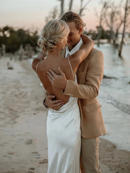 Minimalist Ivory V-Neck Spaghetti Strap Plunge Open Back Slip Mermaid Floor-Length Wedding Dress with Sweep Train