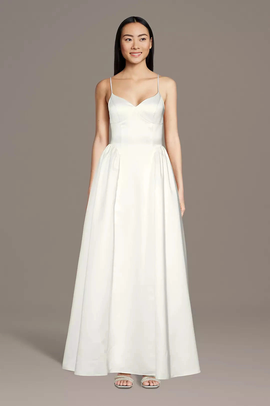 Minimalist Luxe A-Line Spaghetti-Strap V-Neck Satin Pleated Skirt Low-Back Wedding Dress by YiHuiw