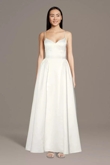 Minimalist Luxe A-Line Spaghetti-Strap V-Neck Satin Pleated Skirt Low-Back Wedding Dress by YiHuiw