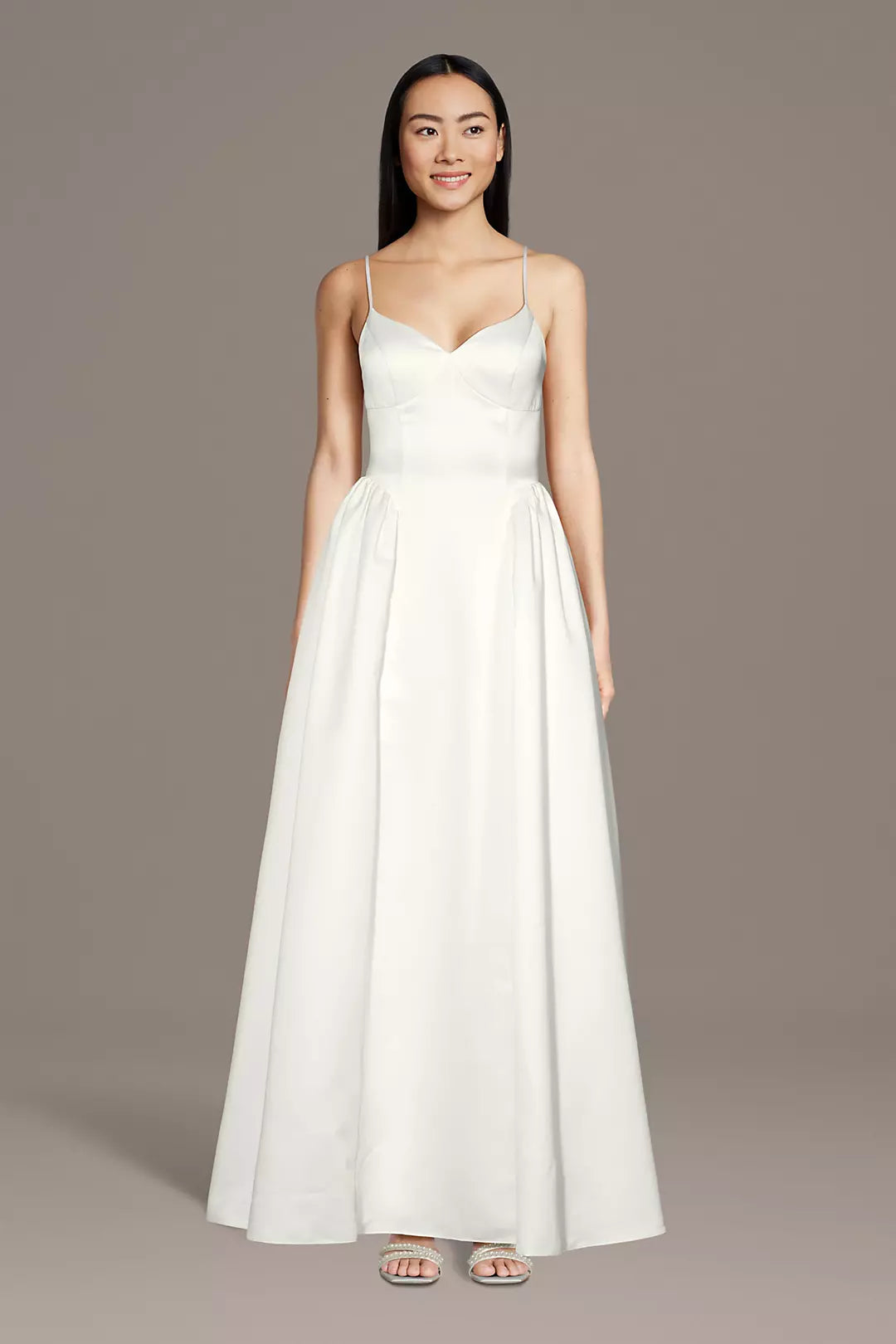 Minimalist Luxe A-Line Spaghetti-Strap V-Neck Satin Pleated Skirt Low-Back Wedding Dress