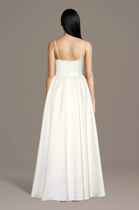 Minimalist Luxe A-Line Spaghetti-Strap V-Neck Satin Pleated Skirt Low-Back Wedding Dress by YiHuiw
