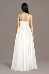 Minimalist Luxe A-Line Spaghetti-Strap V-Neck Satin Pleated Skirt Low-Back Wedding Dress