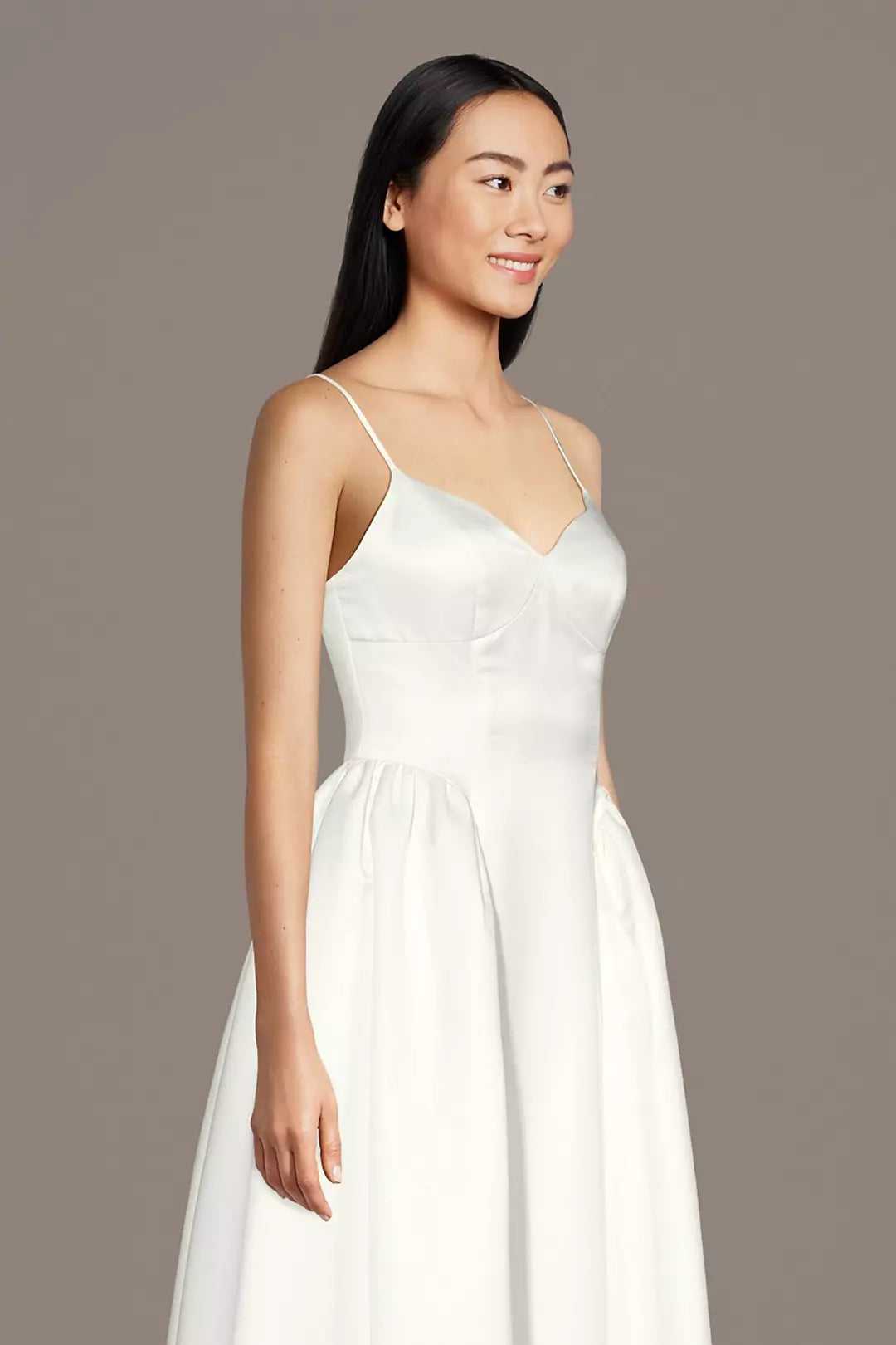Minimalist Luxe A-Line Spaghetti-Strap V-Neck Satin Pleated Skirt Low-Back Wedding Dress