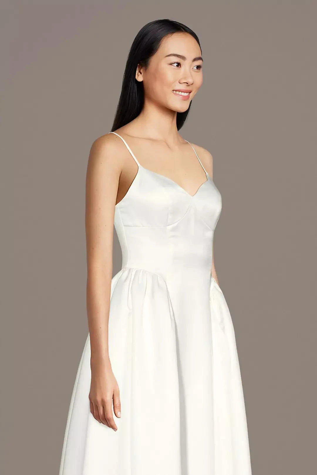 Minimalist Luxe A-Line Spaghetti-Strap V-Neck Satin Pleated Skirt Low-Back Wedding Dress by YiHuiw
