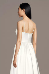 Minimalist Luxe A-Line Spaghetti-Strap V-Neck Satin Pleated Skirt Low-Back Wedding Dress