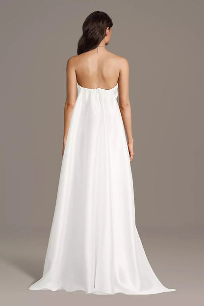 Minimalist Luxe Sheath Strapless Satin Bodice Low-Back Asymmetrical Train Wedding Dress by YiHuiw