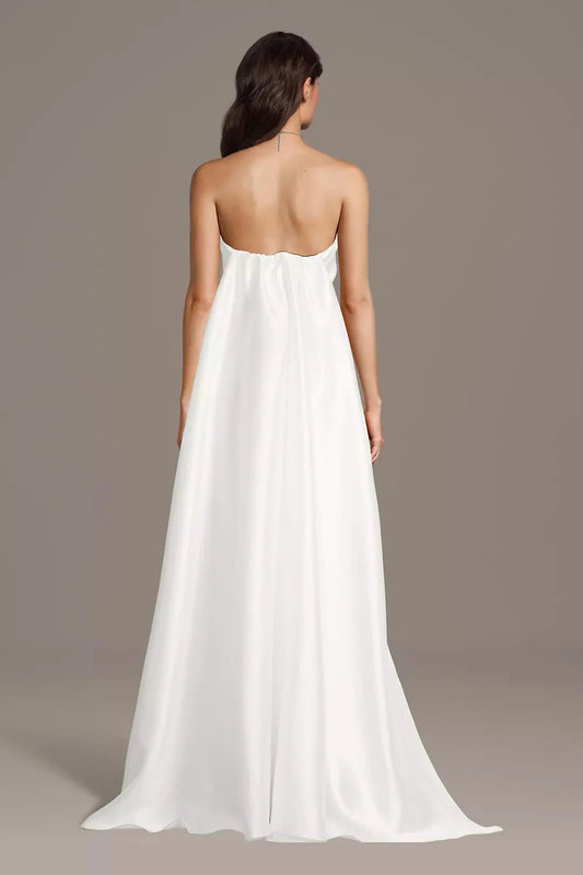 Minimalist Luxe Sheath Strapless Satin Bodice Low-Back Asymmetrical Train Wedding Dress by YiHuiw