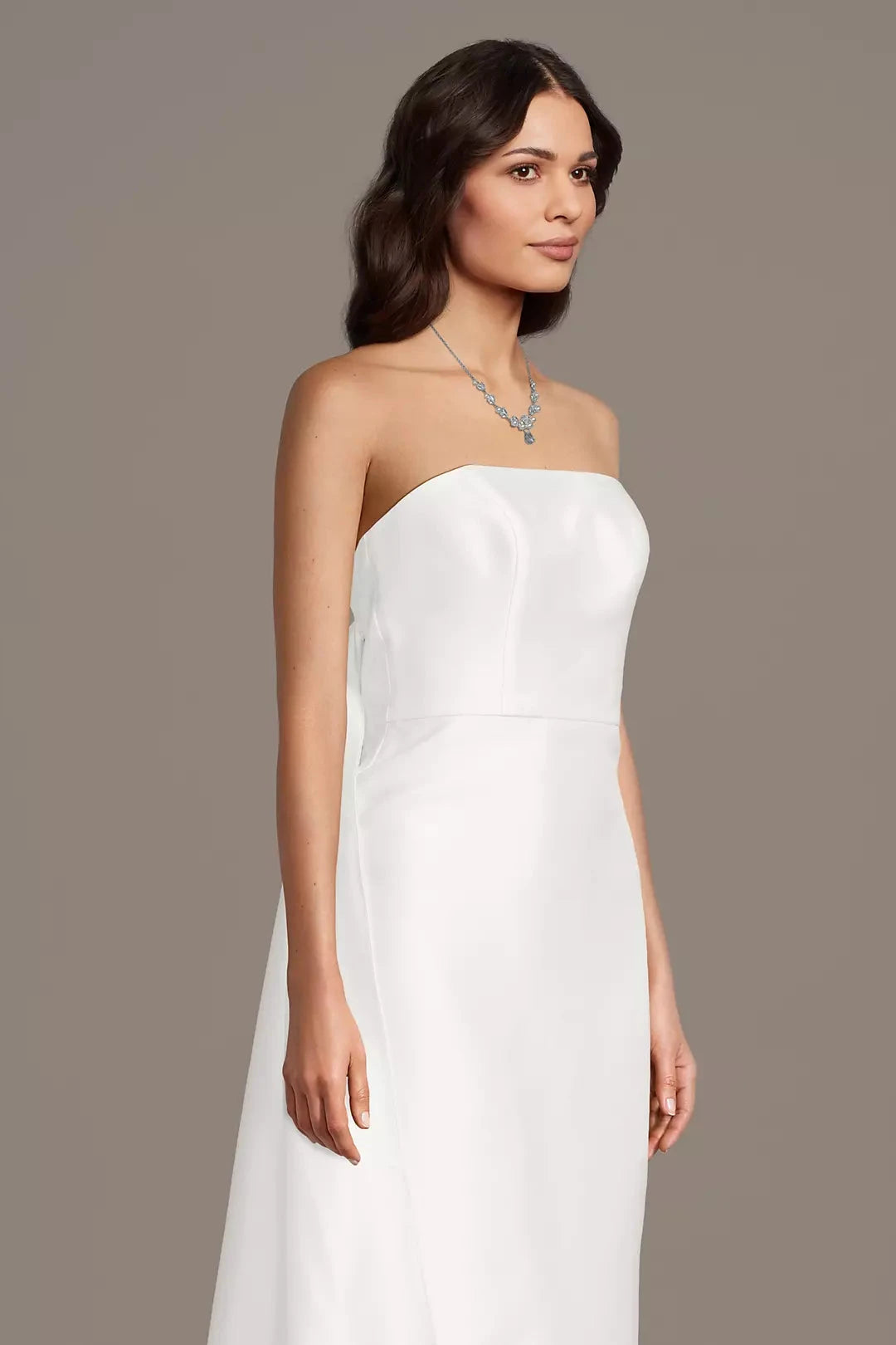 Minimalist Luxe Sheath Strapless Satin Bodice Low-Back Asymmetrical Train Wedding Dress by YiHuiw