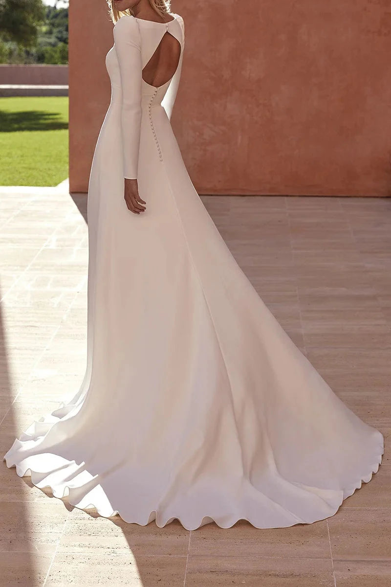 Minimalist Satin A-Line Long-Sleeve Square-Neck Keyhole-Back Train Wedding Dress by YiHuiw