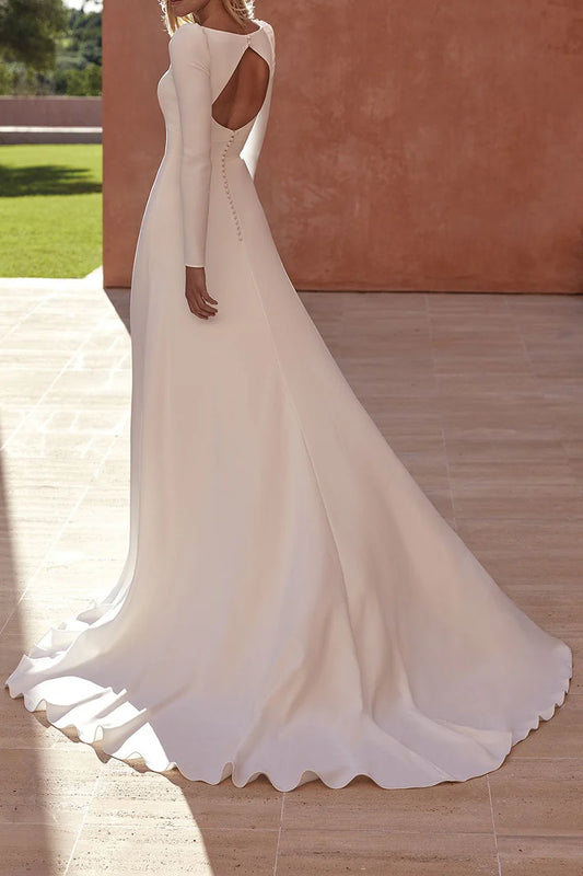 Minimalist Satin A-Line Long-Sleeve Square-Neck Keyhole-Back Train Wedding Dress
