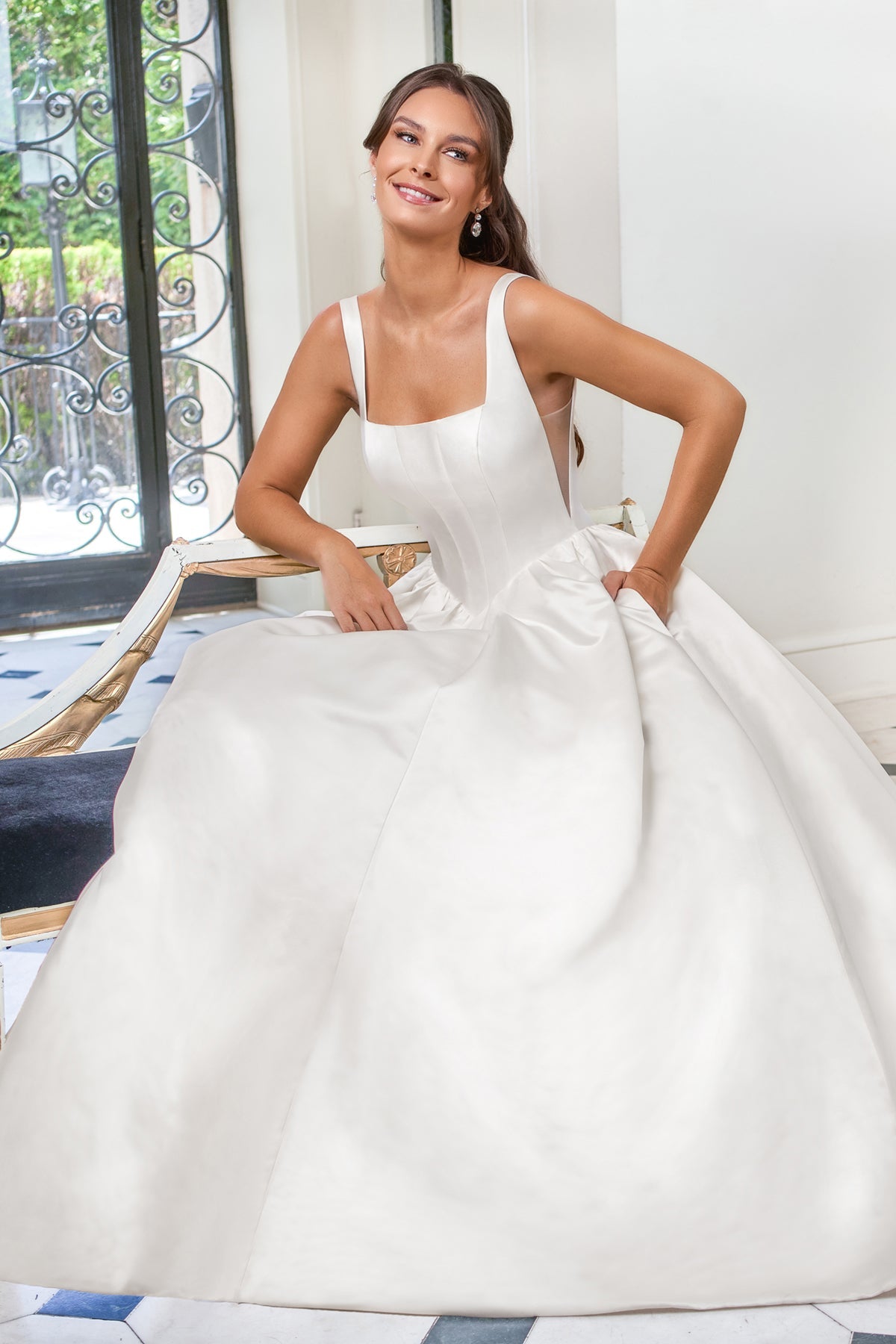 Minimalist Satin A-Line Square-Neck Sleeveless Low-Back Button-Detail Train Wedding Dress by YiHuiw