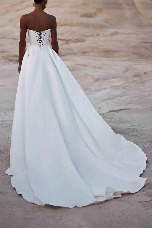 Minimalist Satin Ballgown Strapless Square-Neck Lace-Up-Back Train Wedding Dress by YiHuiw