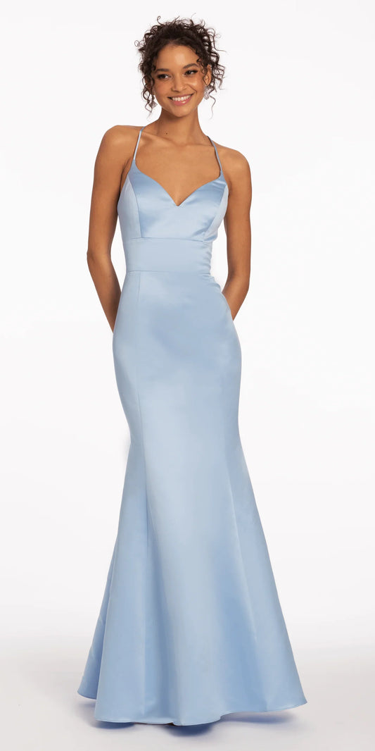 Minimalist Satin Spaghetti Strap Mermaid Evening Dresses with Crisscross Back and Pockets