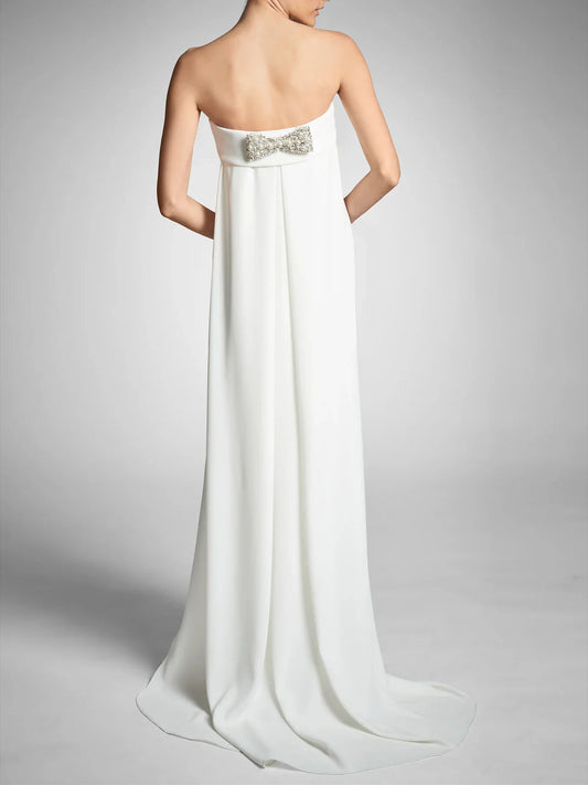 Minimalist Strapless Sweetheart Neck Crepe Mermaid Wedding Dress with Detachable Chapel Train & Crystal Bow Accent