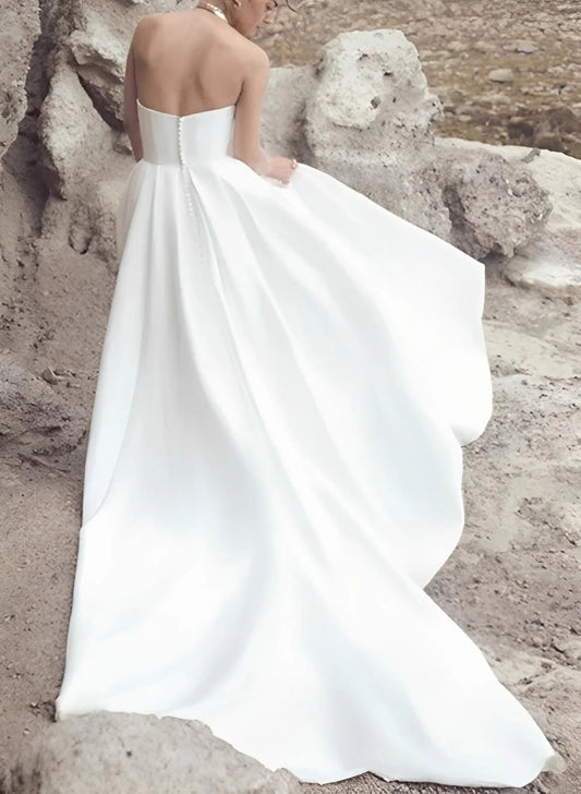 Minimalist Strapless Sweetheart Neck Satin A-Line Wedding Dress with High Side Slit & Chapel Train