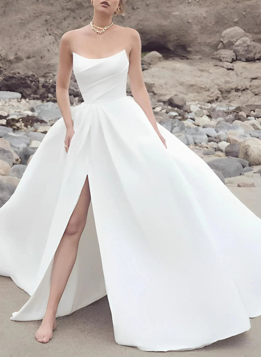 Minimalist Strapless Sweetheart Neck Satin A-Line Wedding Dress with High Side Slit & Chapel Train