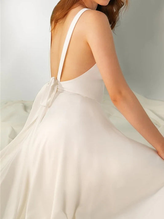 Minimalist V-Neck Satin A-Line Wedding Dress with Open Back Bow & High Slit