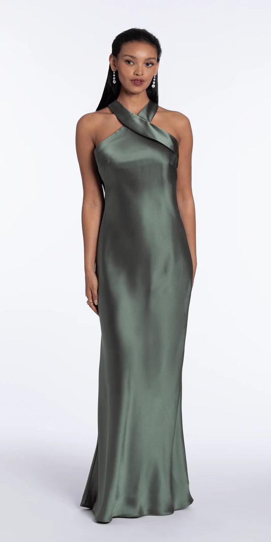 Minimalist satin halter crisscross neck floor length evening dress with open back drape detail