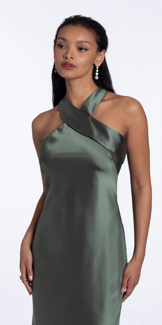 Minimalist satin halter crisscross neck floor length evening dress with open back drape detail