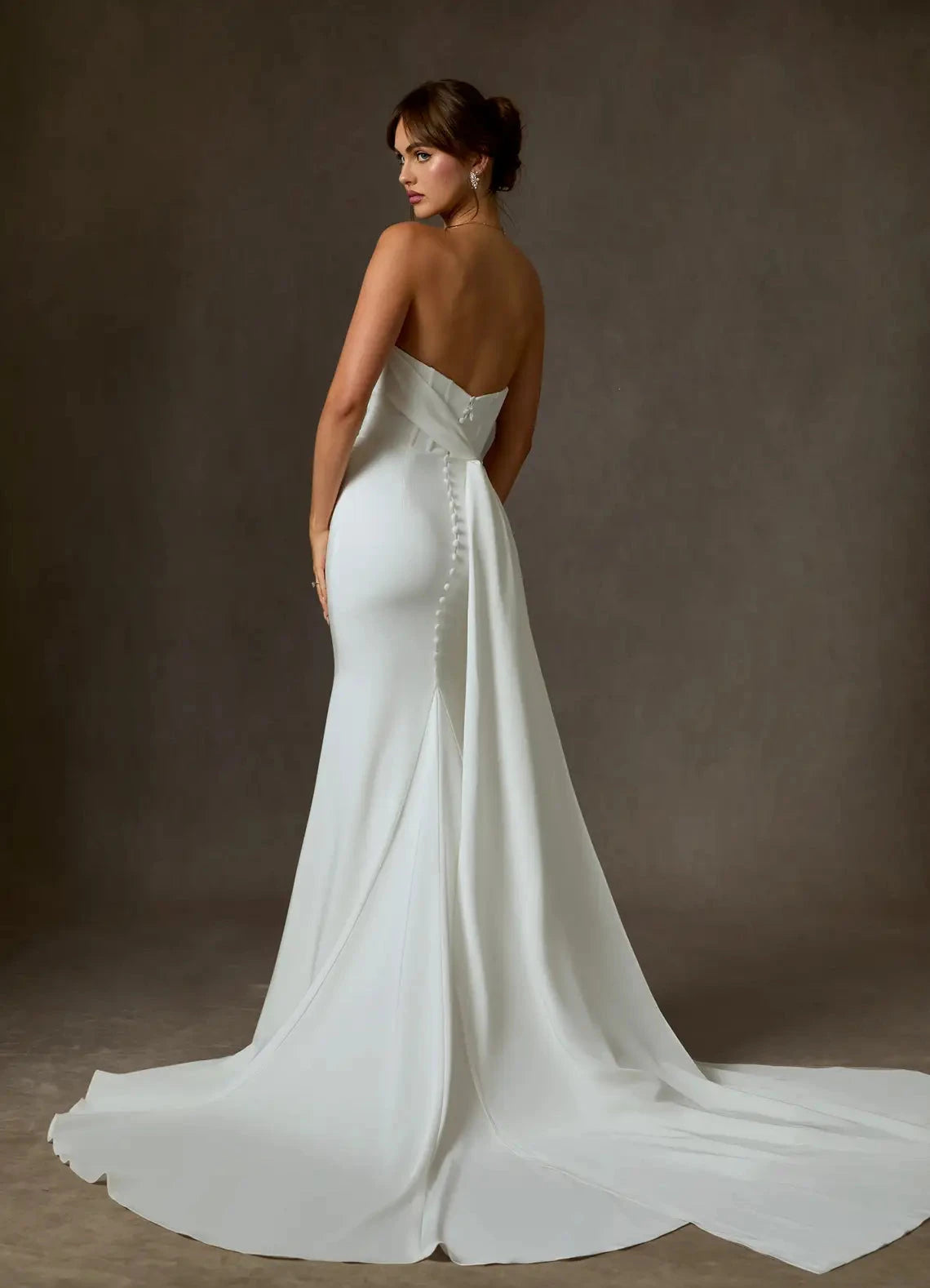 Minimalist satin mermaid strapless button-back chapel train studio wedding dress by YiHuiw