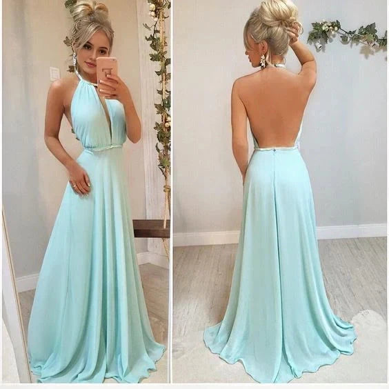 Mint Green Halter Neck Maxi Dress with Open Back Backless Pageant Dress Long Formal prom Dress Party Dresses by YiHuiw