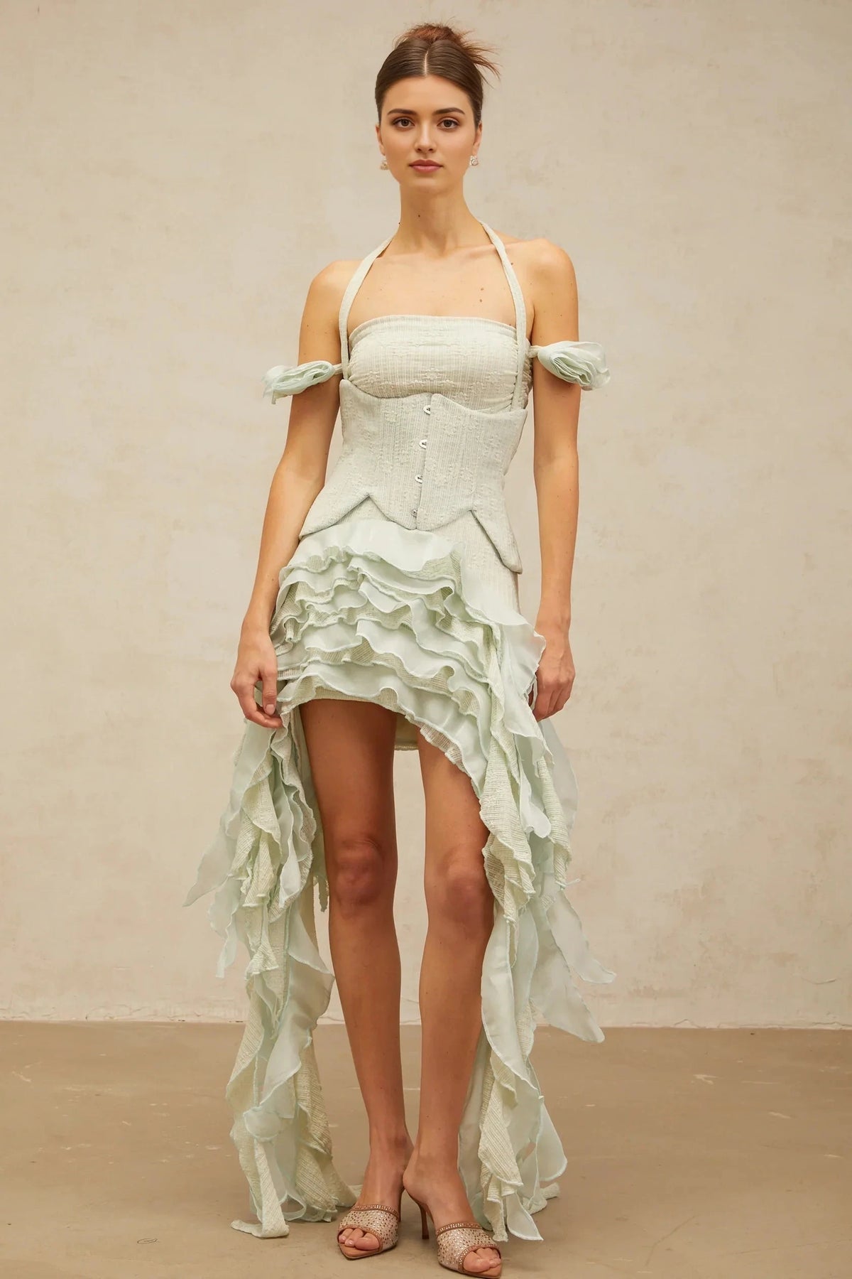 Mint Green Halter Neck Ruffled High - Low Dress green floral-appliqué asymmetrical ruffled mini dress Evening Dress by YiHuiw