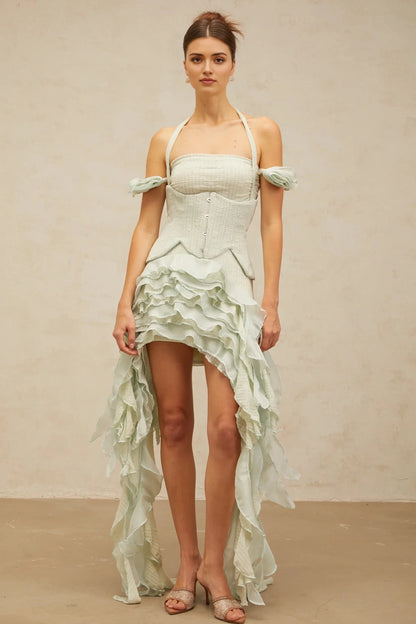 Mint Green Halter Neck Ruffled High - Low Dress green floral-appliqué asymmetrical ruffled mini dress Evening Dress by YiHuiw