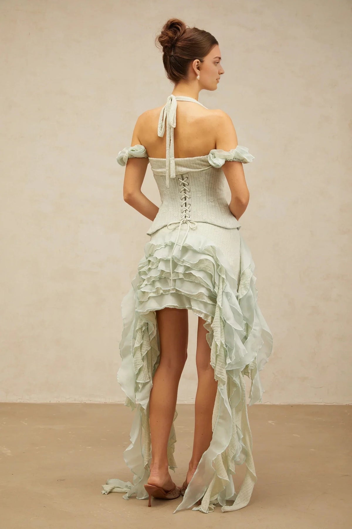 Mint Green Halter Neck Ruffled High - Low Dress green floral-appliqué asymmetrical ruffled mini dress Evening Dress by YiHuiw