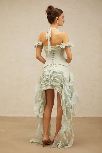 Mint Green Halter Neck Ruffled High - Low Dress green floral-appliqué asymmetrical ruffled mini dress Evening Dress by YiHuiw