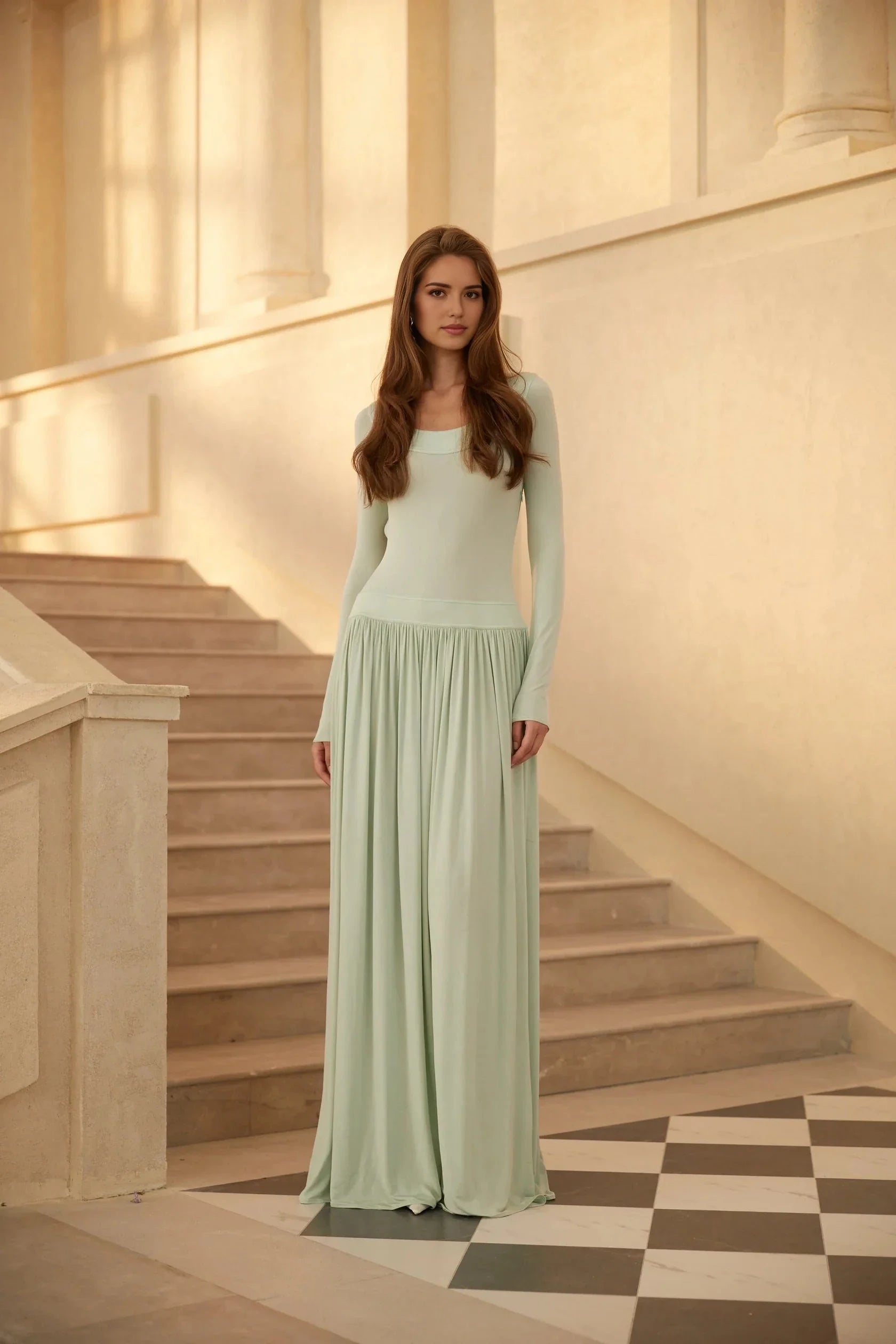 Mint Green Long Sleeve Maxi Dress with Open Back Bow Campagne Green Open-Back Shirred Maxi Dress Evening Dress by YiHuiw