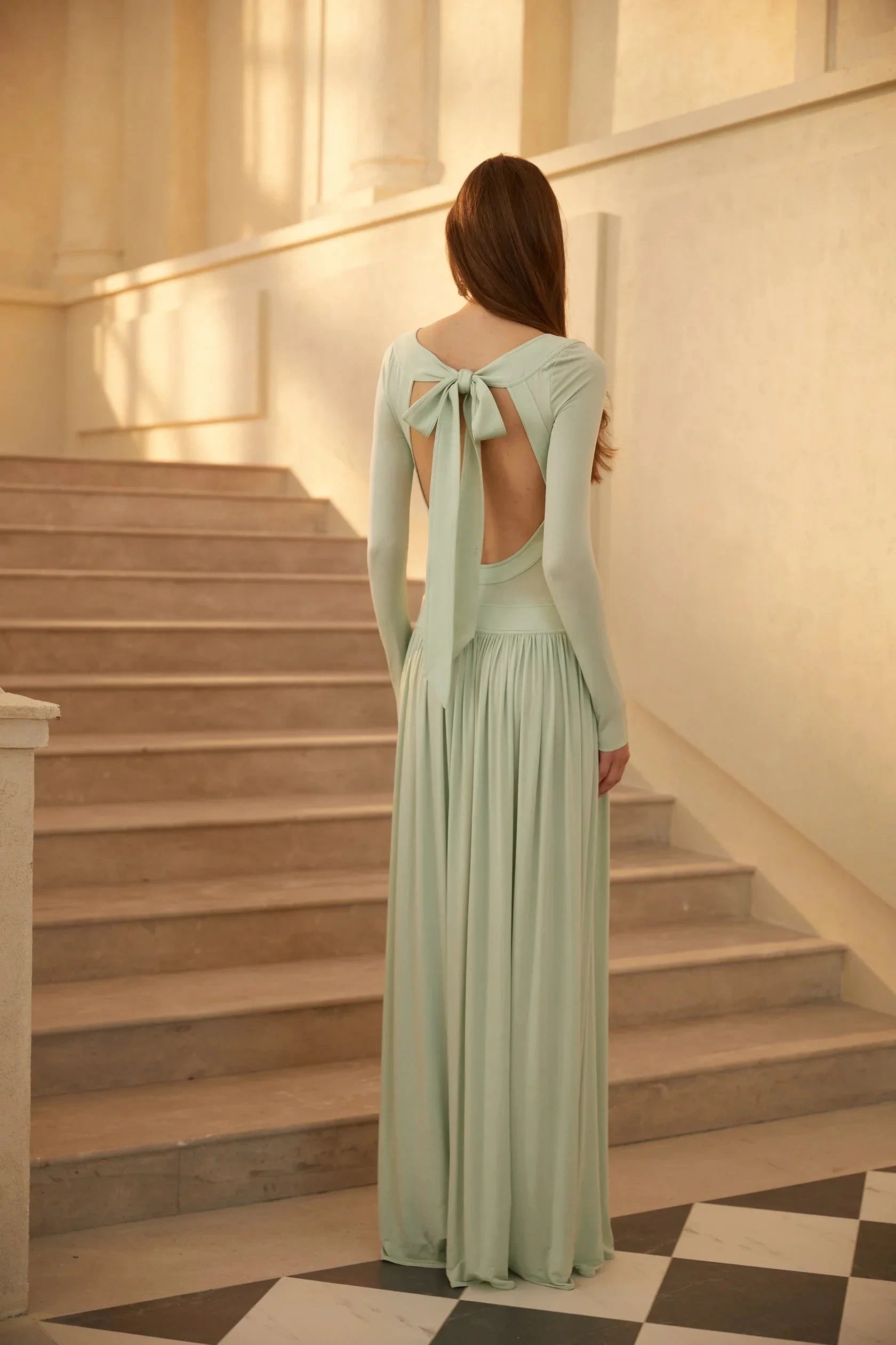 Mint Green Long Sleeve Maxi Dress with Open Back Bow Campagne Green Open-Back Shirred Maxi Dress Evening Dress by YiHuiw