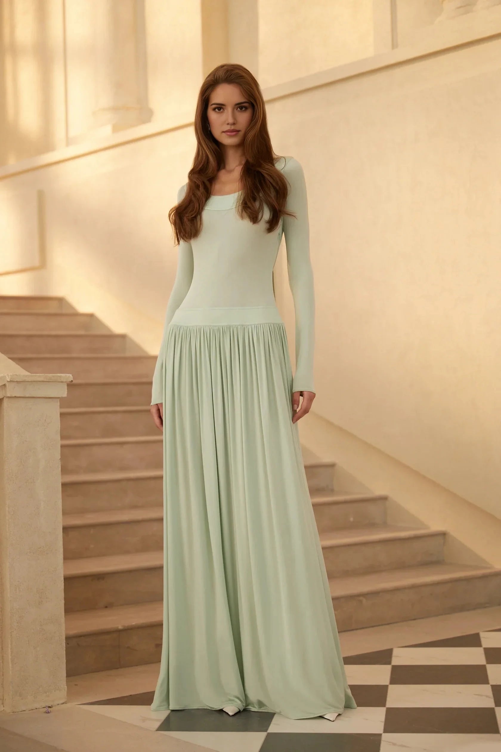 Mint Green Long Sleeve Maxi Dress with Open Back Bow Campagne Green Open-Back Shirred Maxi Dress Evening Dress by YiHuiw