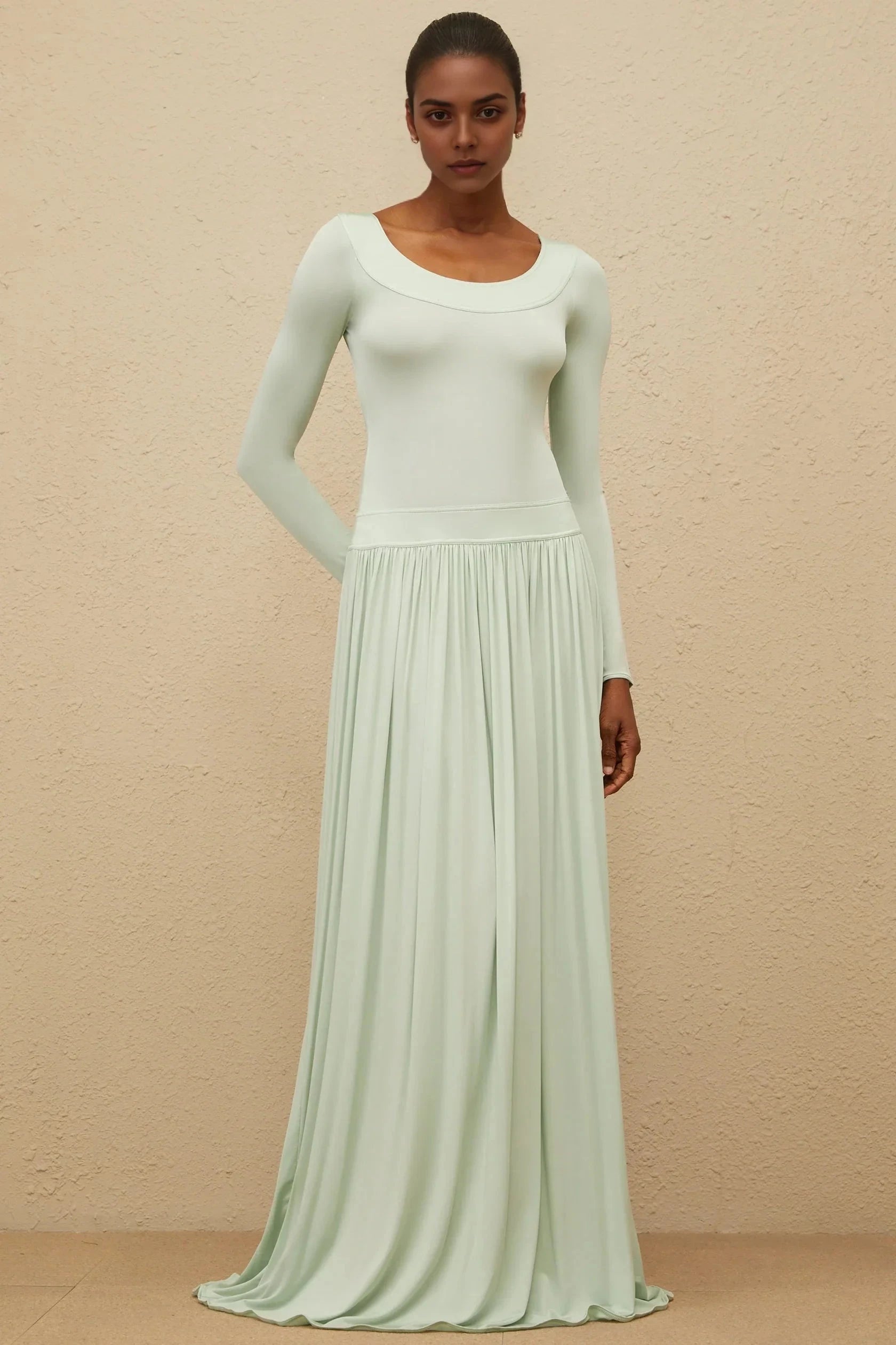 Mint Green Long - Sleeve Maxi Dress Green Open-Back Shirred Maxi Dress Evening Dress by YiHuiw