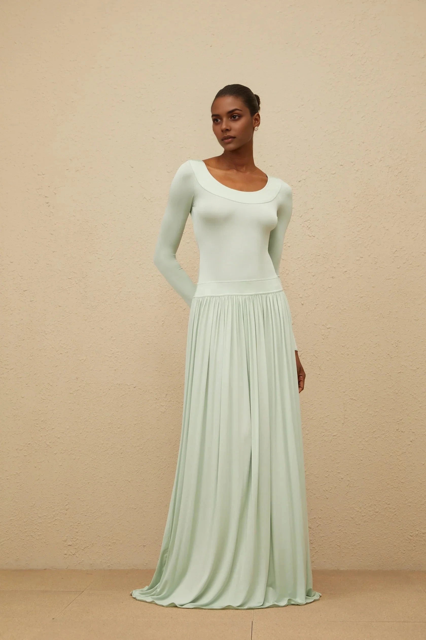 Mint Green Long - Sleeve Maxi Dress Green Open-Back Shirred Maxi Dress Evening Dress by YiHuiw