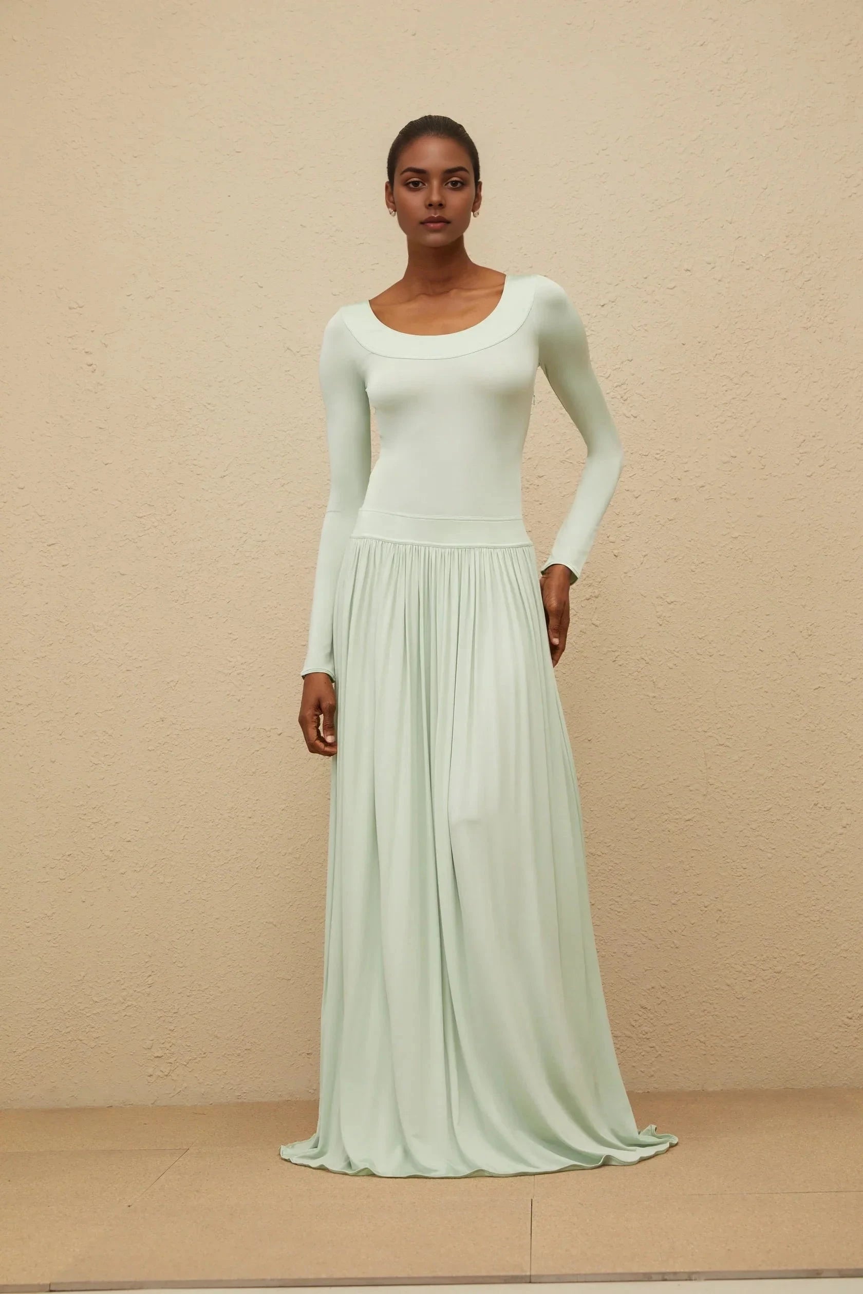 Mint Green Long - Sleeve Maxi Dress Green Open-Back Shirred Maxi Dress Evening Dress by YiHuiw