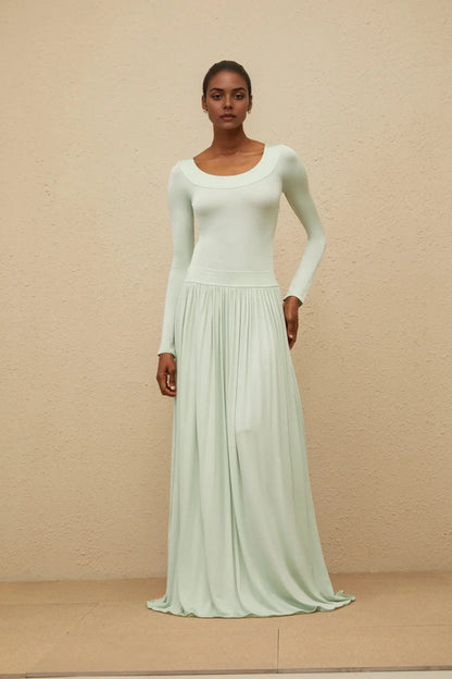 Mint Green Long - Sleeve Maxi Dress Green Open-Back Shirred Maxi Dress Evening Dress by YiHuiw