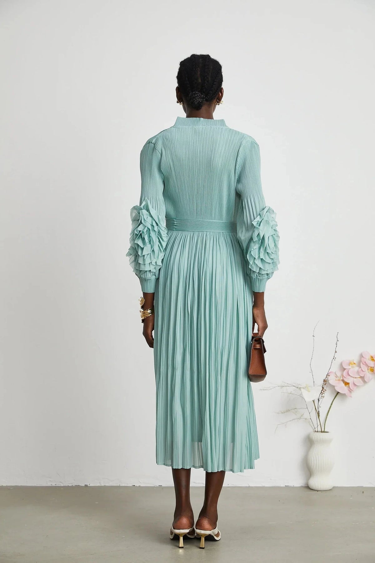 Mint Green Pleated Ruffle - Sleeve Midi Dress faux-flower knitted dress & coat matching set Evening Dress by YiHuiw