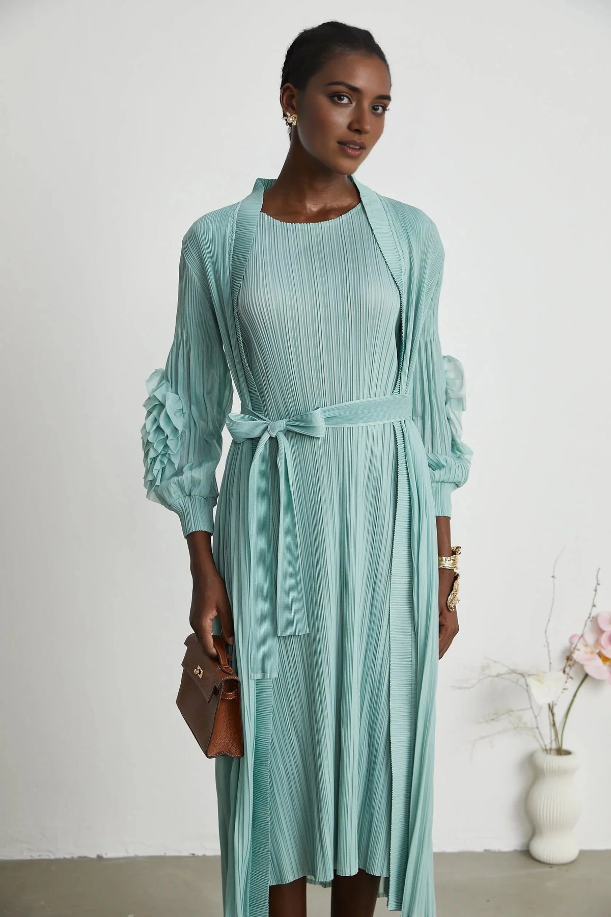 Mint Green Pleated Ruffle - Sleeve Midi Dress faux-flower knitted dress & coat matching set Evening Dress by YiHuiw