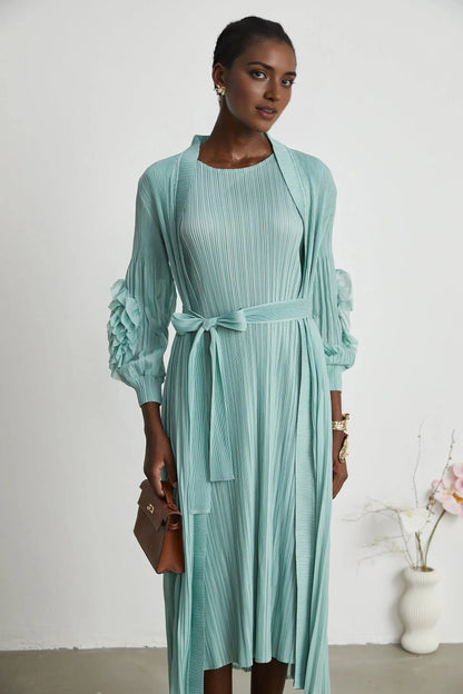 Mint Green Pleated Ruffle - Sleeve Midi Dress faux-flower knitted dress & coat matching set Evening Dress by YiHuiw