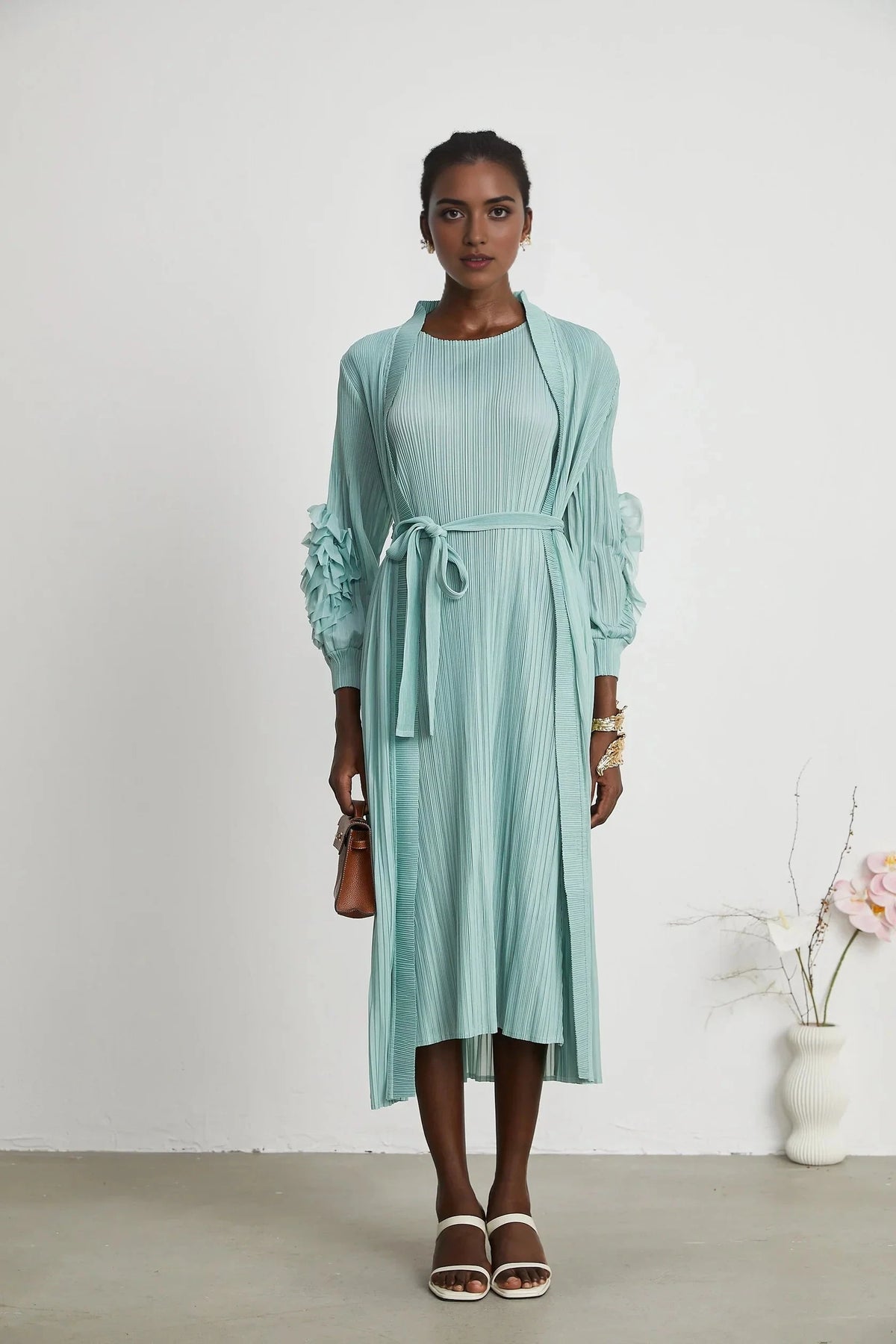 Mint Green Pleated Ruffle - Sleeve Midi Dress faux-flower knitted dress & coat matching set Evening Dress by YiHuiw