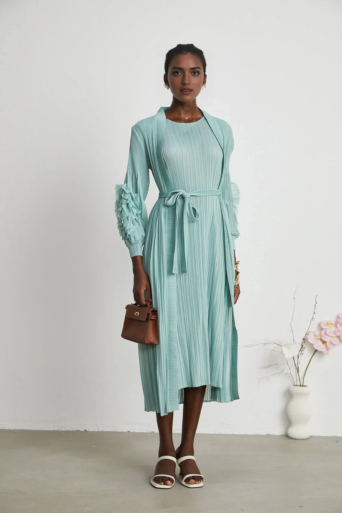 Mint Green Pleated Ruffle - Sleeve Midi Dress faux-flower knitted dress & coat matching set Evening Dress by YiHuiw