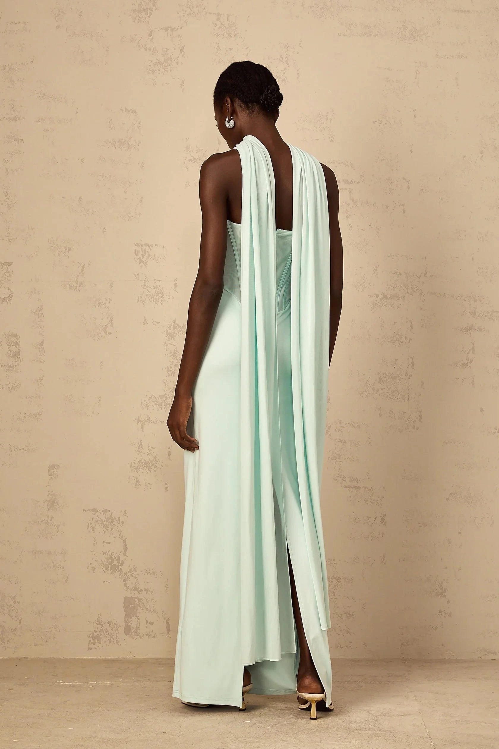 Mint Green Strapless Corset Maxi Dress with Draped Scarf Tulle Panel Corset Maxi Dress in Mint Green Evening Dress by YiHuiw