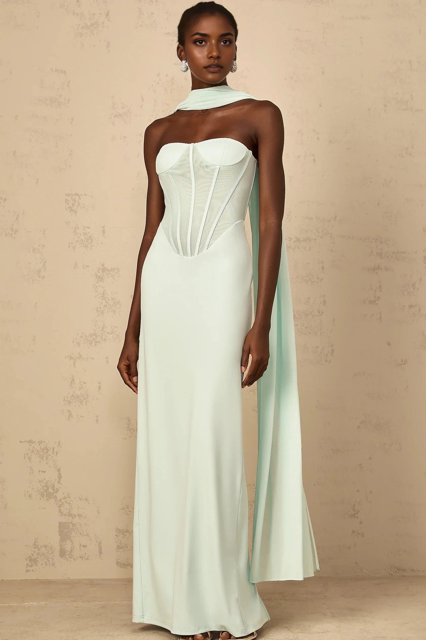 Mint Green Strapless Corset Maxi Dress with Draped Scarf Tulle Panel Corset Maxi Dress in Mint Green Evening Dress by YiHuiw
