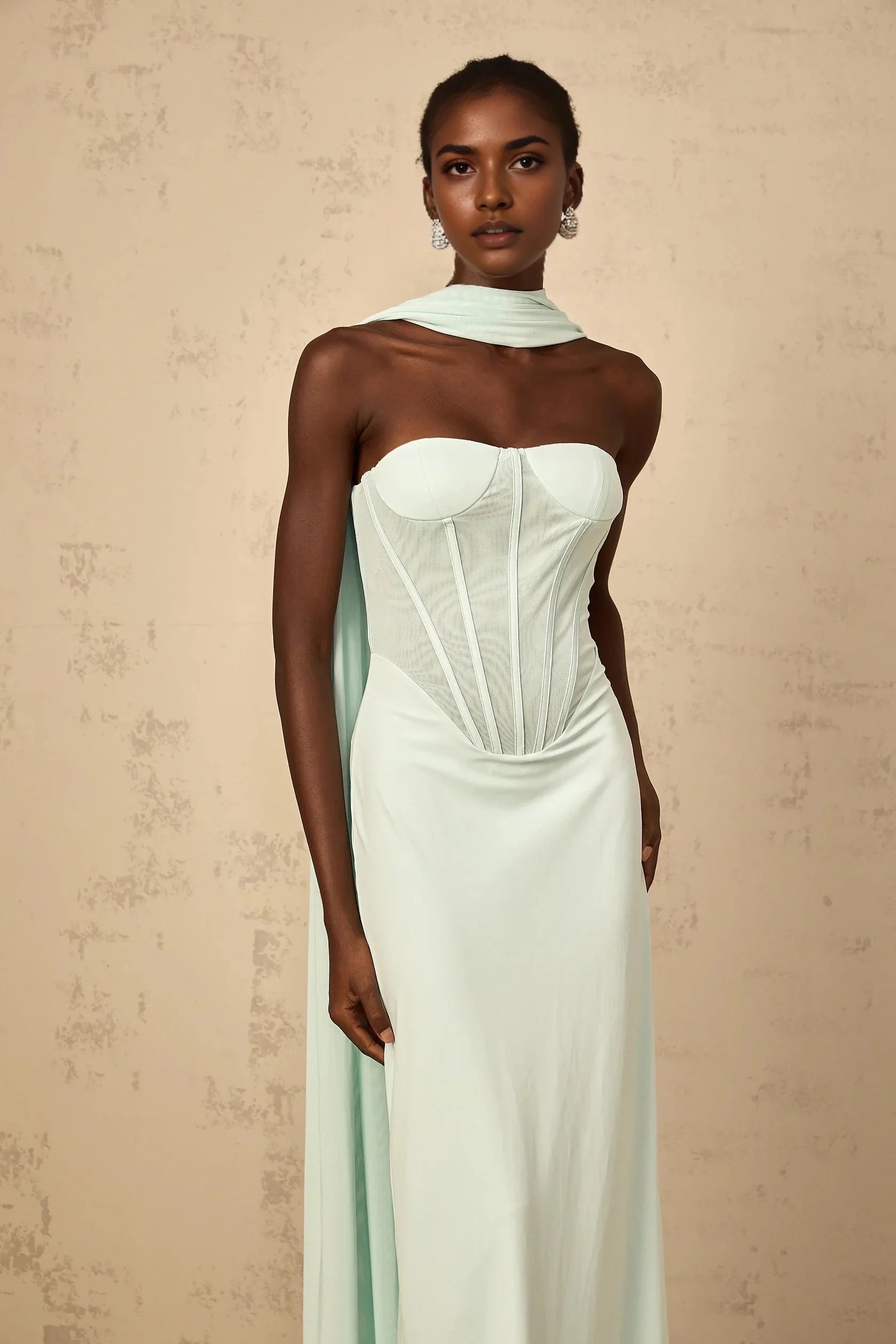 Mint Green Strapless Corset Maxi Dress with Draped Scarf Tulle Panel Corset Maxi Dress in Mint Green Evening Dress by YiHuiw
